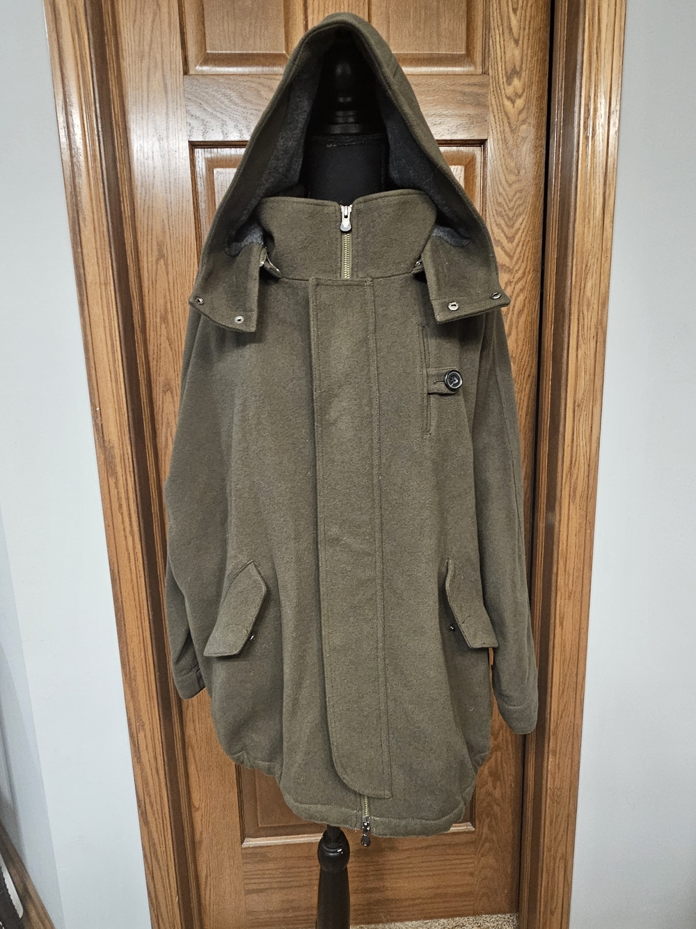 Womens Vince Wool Blend Insulated Hooded Coat Parka Olive Green Cocoon Size L